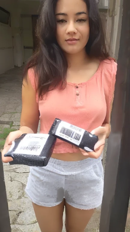 arafed woman holding two cell phones with a barcode on them, leaked image, leaked photo, very coherent image, very tiny, by Gina Pellón, candid photo, delivering parsel box, help me, by david rubín, unusually unique beauty, very accurate photo, unopened, leaked, viral photo, with black, barcode, peeing her pants, pee stream from pants.