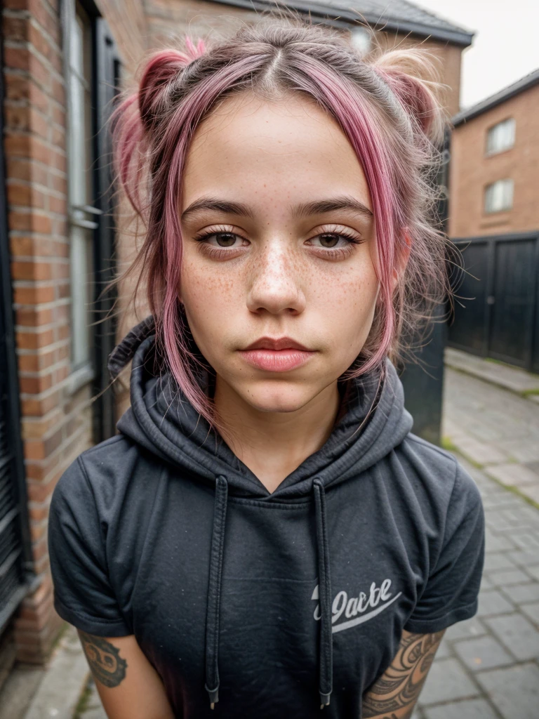 beautiful college girl, wearing hoodie, looking at viewer, pink hair, solo, tattoo on face, upper body, detailed background, town, alley, looking at viewer, portrait, (textured skin, skin pores:1.2), (moles:0.8), (imperfect skin:1.1), intricate details, goosebumps, flawless face, (light freckles:0.9),, ((photorealistic):1.1), (raw, 8k:1.2), hyper realistic, HDR, cinematic, dark, muted colors, slate atmosphere