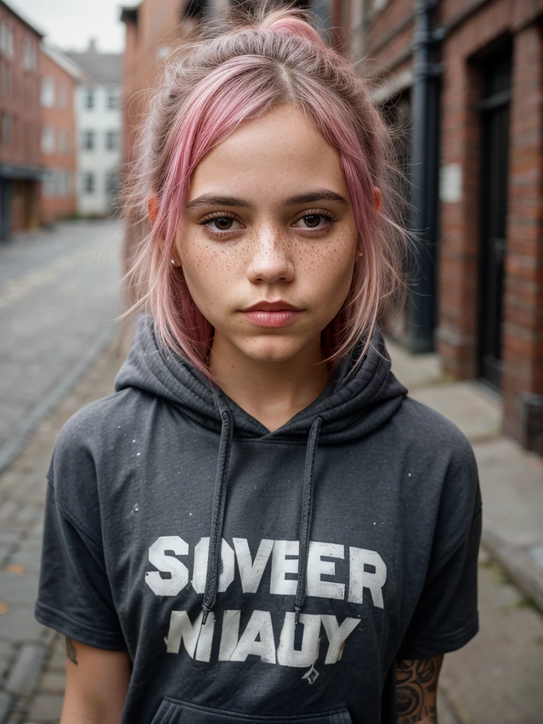beautiful college girl, wearing hoodie, looking at viewer, pink hair, solo, tattoo on face, upper body, detailed background, town, alley, looking at viewer, portrait, (textured skin, skin pores:1.2), (moles:0.8), (imperfect skin:1.1), intricate details, goosebumps, flawless face, (light freckles:0.9),, ((photorealistic):1.1), (raw, 8k:1.2), hyper realistic, HDR, cinematic, dark, muted colors, slate atmosphere