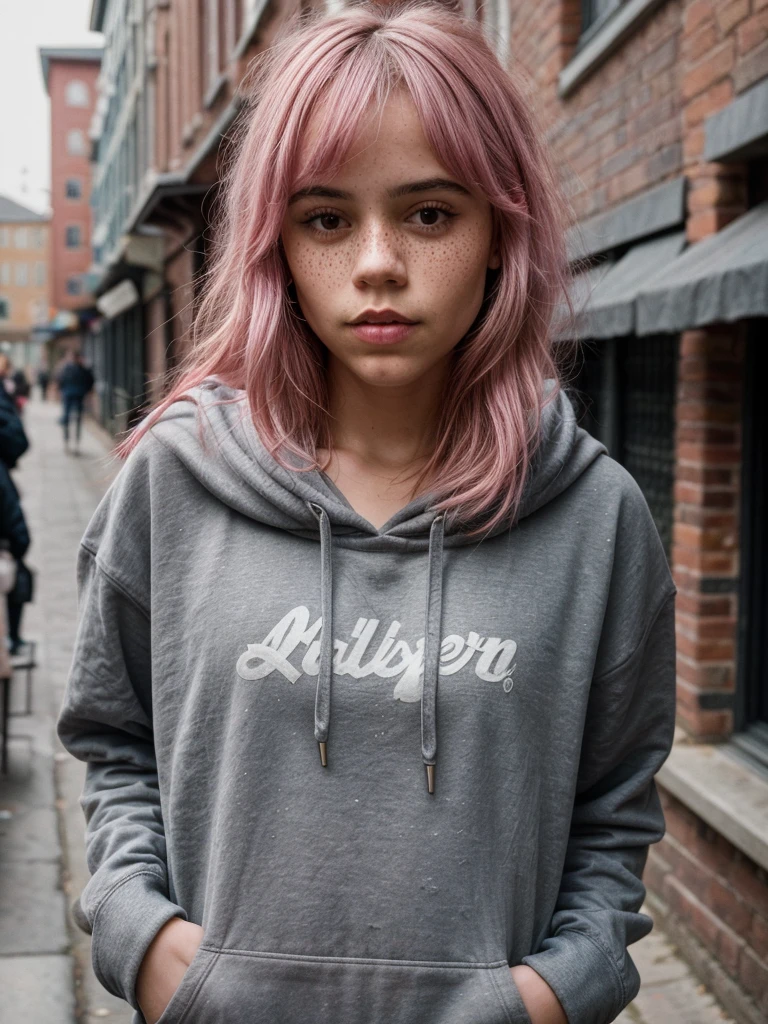 beautiful college girl, wearing hoodie, looking at viewer, pink hair, solo, tattoo on face, upper body, detailed background, town, alley, looking at viewer, portrait, (textured skin, skin pores:1.2), (moles:0.8), (imperfect skin:1.1), intricate details, goosebumps, flawless face, (light freckles:0.9),, ((photorealistic):1.1), (raw, 8k:1.2), hyper realistic, HDR, cinematic, dark, muted colors, slate atmosphere