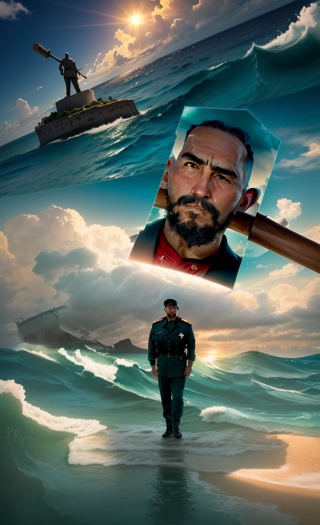 Image of an ocean, an island in Cuba, Fidel Castro standing on the island, a giant hammer with the image of José Martí and a dramatic sky with clouds and sunlight