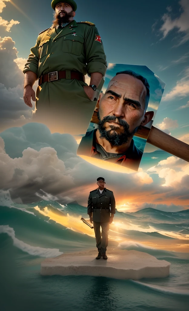 Image of an ocean, an island in Cuba, Fidel Castro standing on the island, a giant hammer with the image of José Martí and a dramatic sky with clouds and sunlight