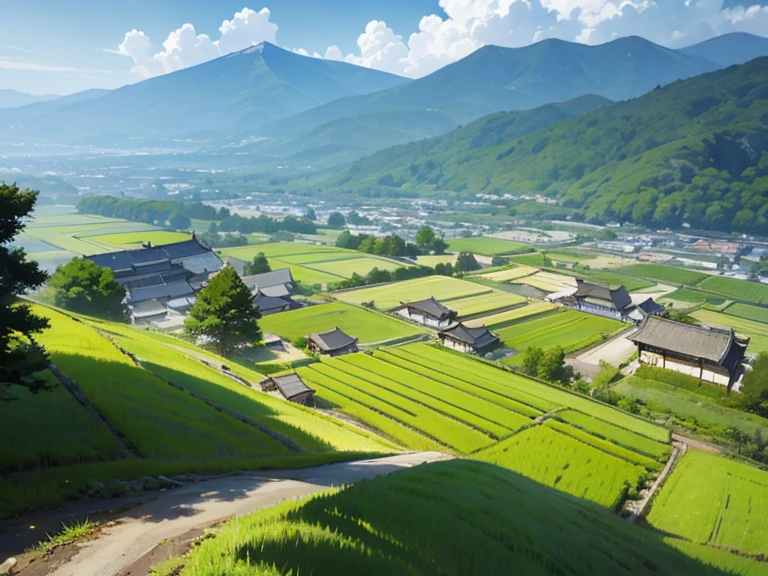Japanese mountains, Japanese forests, Japanese rice fields (0.5), houses, background only