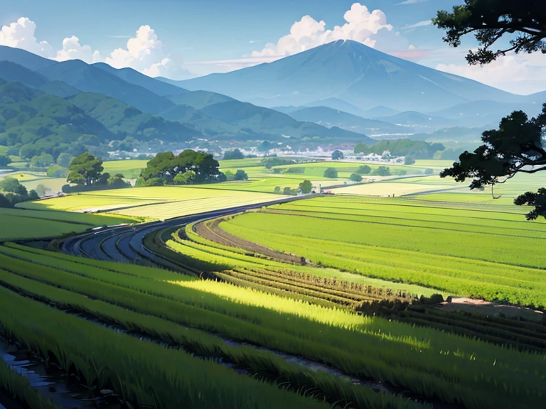 Japanese mountains, Japanese forests, Japanese rice fields (0.5), houses, background only