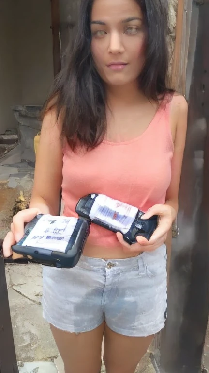 arafed woman holding two cell phones with a barcode on them, leaked image, leaked photo, very coherent image, very tiny, by Gina Pellón, candid photo, delivering parsel box, help me, by david rubín, unusually unique beauty, very accurate photo, unopened, leaked, viral photo, with black, barcode, peeing her pants, pee stream from pants.