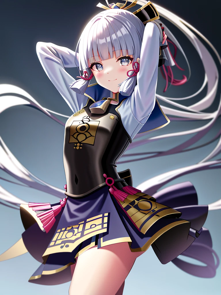 tmasterpiece,A high resolution,best qualtiy,1girl solo,kamisato_ayaka,ssmile,komono,blacksilk,high-heels,Raise your hands and show your armpits,Hands behind your head