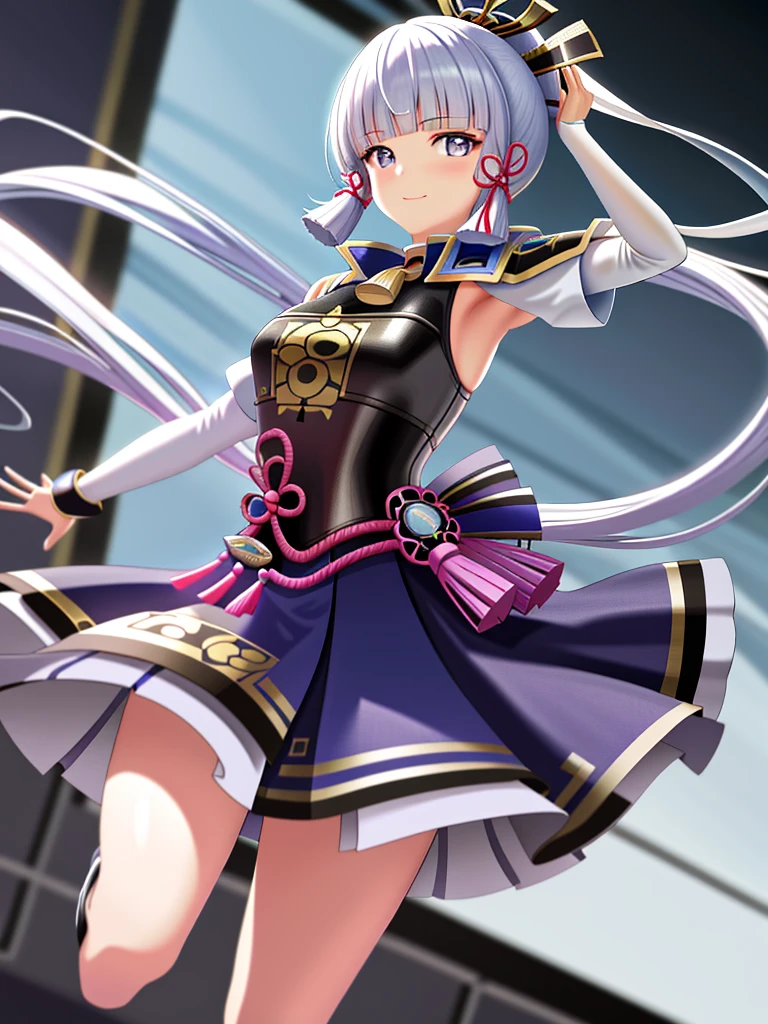 tmasterpiece，A high resolution，best qualtiy，1girl solo，kamisato_ayaka，ssmile，komono，blacksilk，high-heels，Raise your hands and show your armpits，Hands behind your head