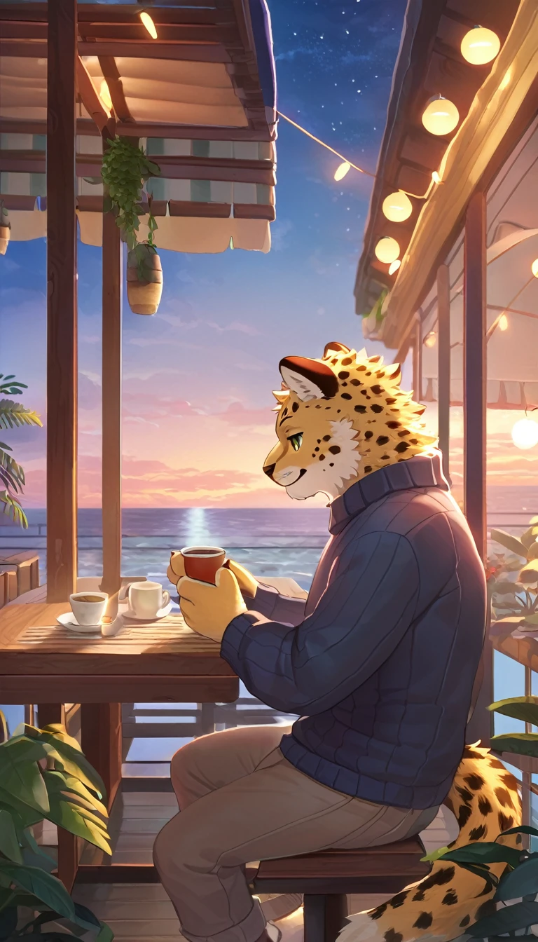 ((Masterpiece)), ((Best Quality)), (Very Detailed), ((Very Detailed)), 4K, (8K), very aesthetic, absurdres highres, 1man, anthropomorphic cheetah, furry, kemono, A man wearing a sweater is drinking tea while using his smartphone on the terrace of a seaside cafe. There is a teacup in his hand, a plant and a cafe sign can be seen in the background. The lights of the cafe at night shine and you can see the silhouettes of people walking on the street,
