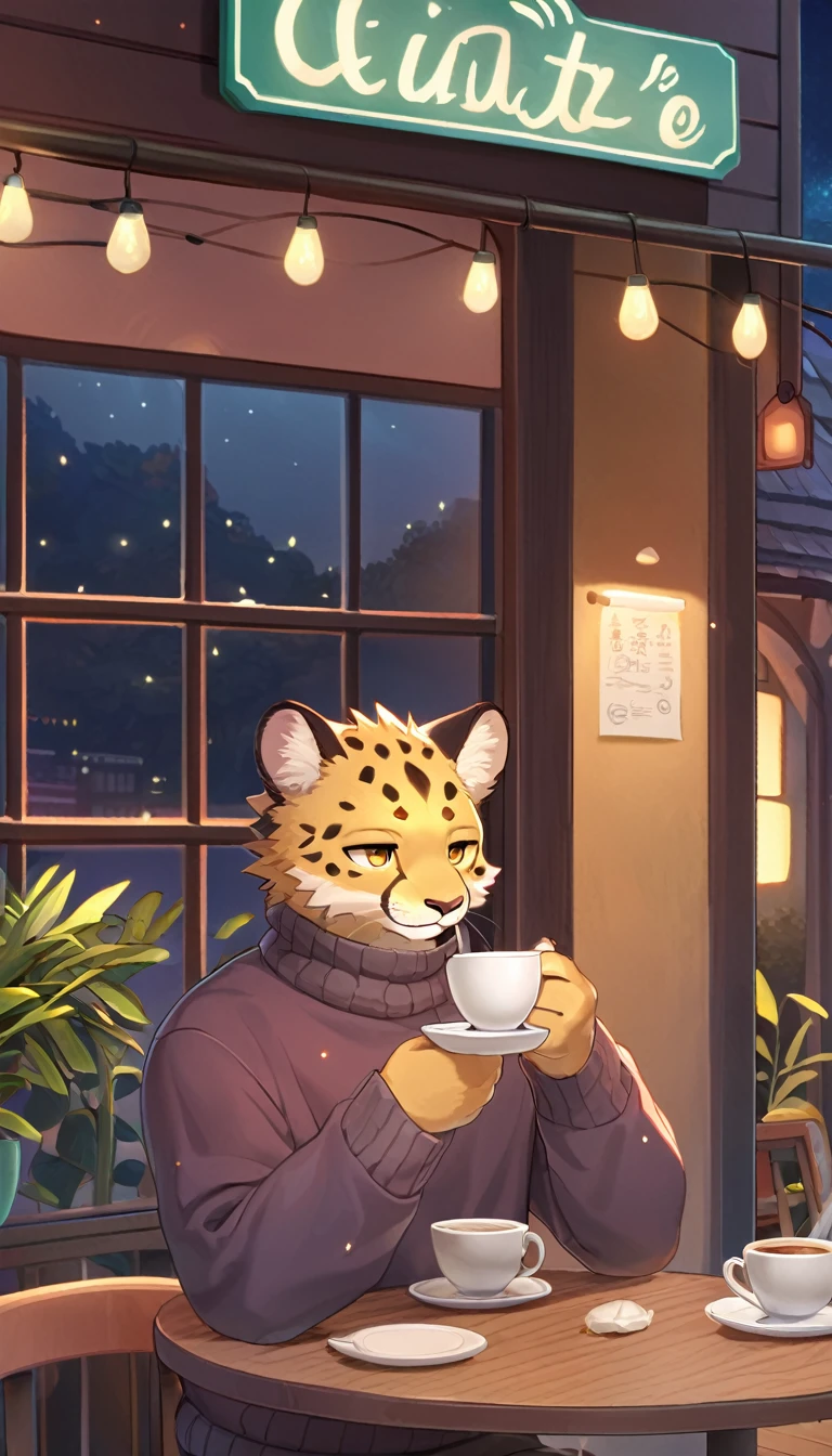 ((Masterpiece)), ((Best Quality)), (Very Detailed), ((Very Detailed)), 4K, (8K), very aesthetic, absurdres highres, 1man, anthropomorphic cheetah, furry, kemono, A man wearing a sweater is drinking tea while using his smartphone on the terrace of a seaside cafe. There is a teacup in his hand, a plant and a cafe sign can be seen in the background. The lights of the cafe at night shine and you can see the silhouettes of people walking on the street,