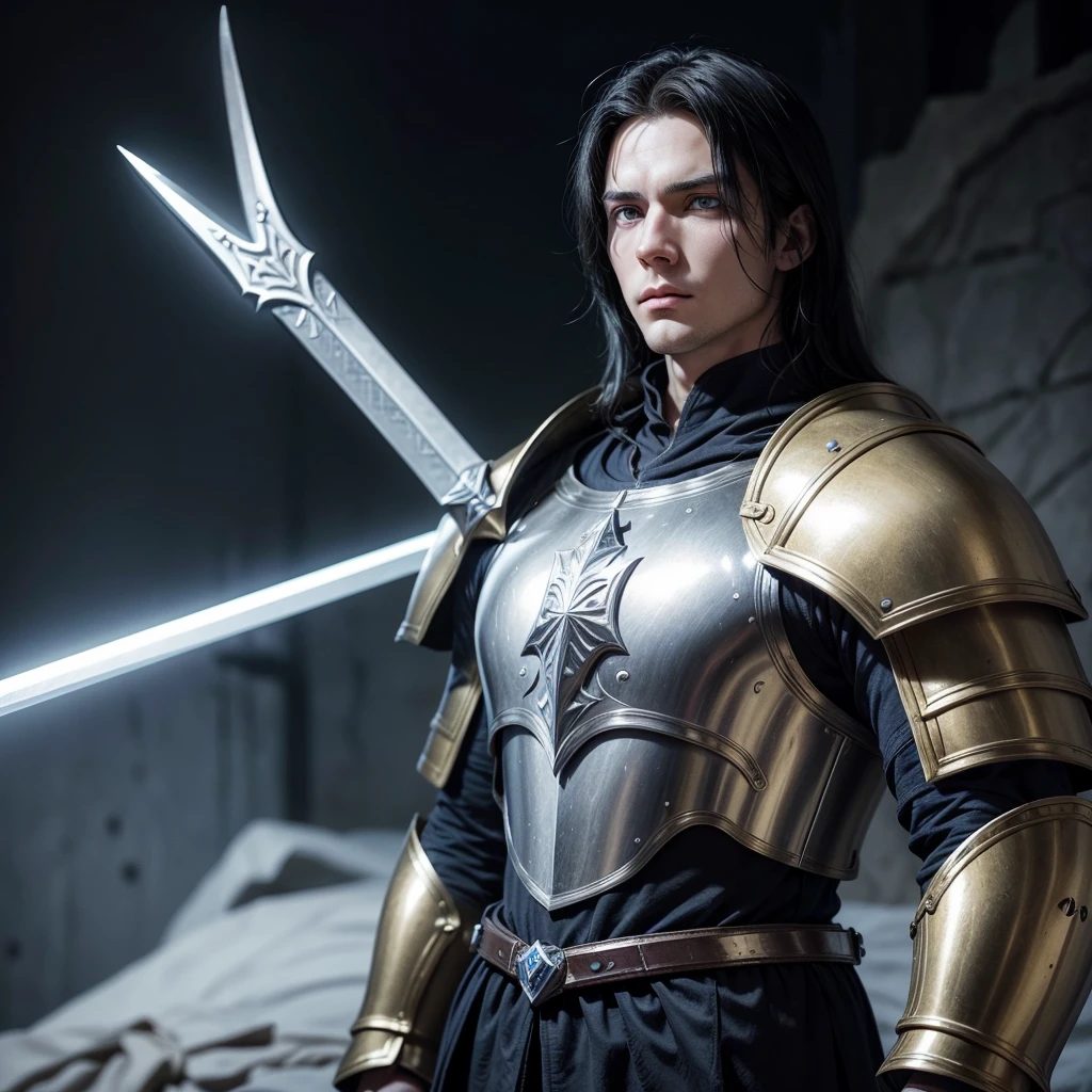 I want to create a paladin for my medieval RPG game, He has 1,84 m high, white skin but not too much, light blue eyes and pitch-black hair, his face is one of constant sadness and emptiness but at the same time gentle and kind, wears golden armor, a long sword and a shield.