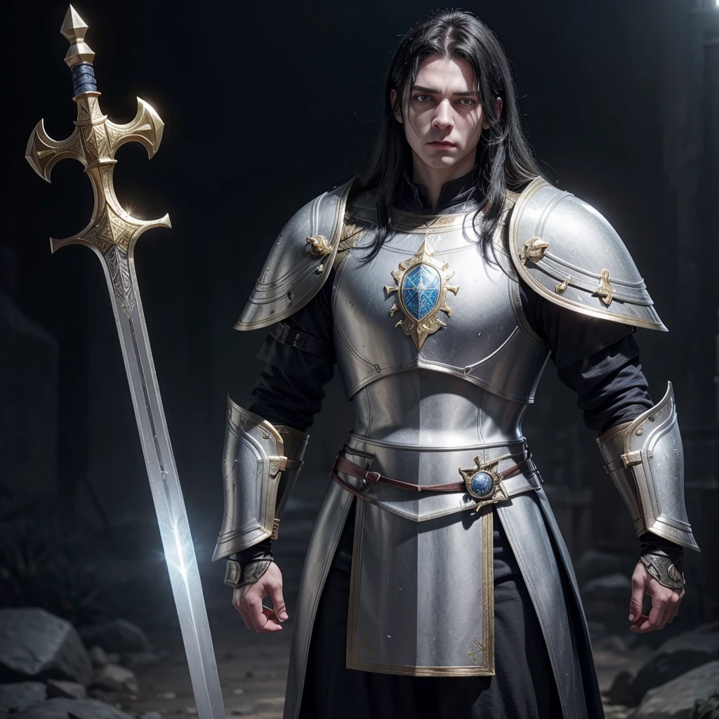 I want to create a paladin for my medieval RPG game, He has 1,84 m high, white skin but not too much, light blue eyes and pitch-black hair, his face is one of constant sadness and emptiness but at the same time gentle and kind, wears golden armor, a long sword and a shield.