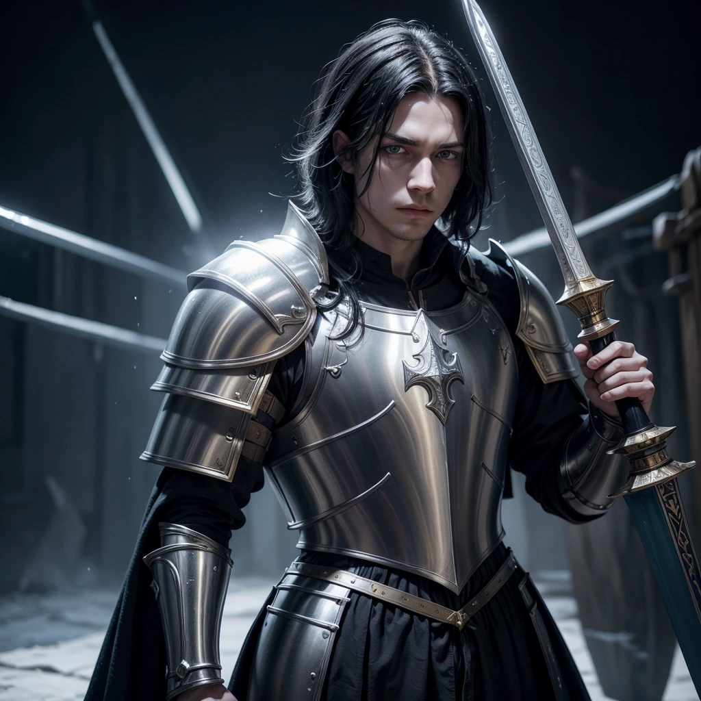 I want to create a paladin for my medieval RPG game, He has 1,84 m high, white skin but not too much, light blue eyes and pitch-black hair, his face is one of constant sadness and emptiness but at the same time gentle and kind, wears golden armor, a long sword and a shield.