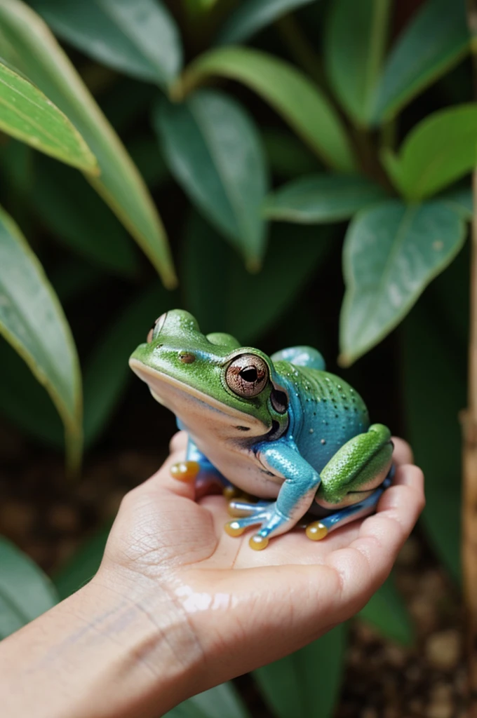 Kawaii frog with blue stamen in hand