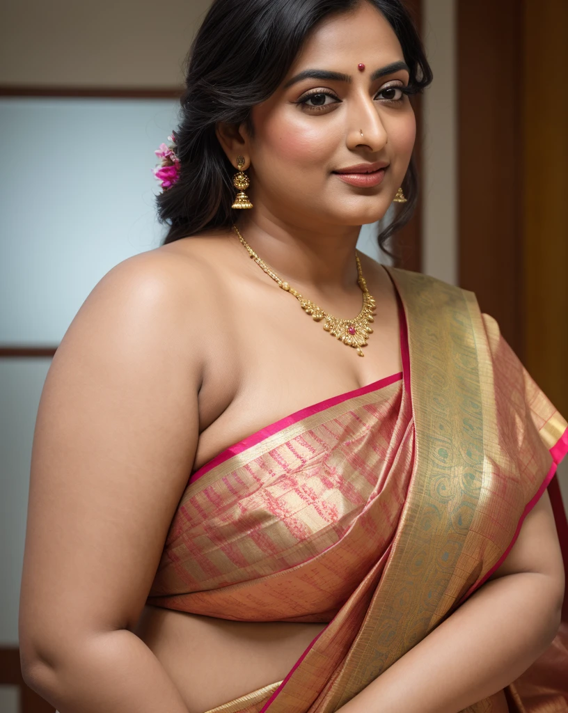 Foto RAW, photorealistic, photography, full body shot, master shot, perfect eyes, goddess like beauty, pierced eyes, perfect thick chubby mallu Desi aunty bhabhi, Wearing a Stanapatta, a chest-band.Saree model, model Photography, Indian saree shoot, Indian traditional wear advertising photography, traditional wear brand shoot, face of Indian actress Sonakshi Sinha, masterpiece, realistic, realism, incredible details,  pleasure, photorealism, detailed skin, skin pores, high contrast, photorealistic Artstation 8k HD digital art trend of high definition and detailed realistic skin texture, ultra detail, realistic skin texture, armature, best quality, ultra high definition, (photorealistic:1.4),, high resolution, detail, raw photo, sweat, Re sharp, by Lee Jefferies Nikon D850 Film Stock Photo 4 Kodak Portra 400 Camera F1.6 Lens Rich Color Ultra Real Realistic Realistic Textures Dramatic Lighting Unreal Engine Trending at Art Station Cinestill 800,(pele altamente detalhada: 1.2), 8k UHD, DSLR, soft-lighting, alta qualidade, grain of film, Fujifilm XT3,she didn't like to wear blouse or bra, she is happy to wear only saree, she hates blouse or bra, detailed hairy armpits, hyper realistic skin, skin pores, sweat, veins, 