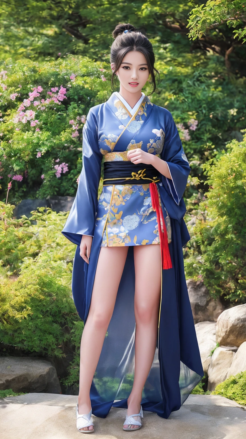 最high quality、high quality、Best image quality、8K、最High resolution、High resolution、最high quality、masterpiece、RAW Photos、whole body写真、Detailed and realistic human body、Detailed and realistic skin、Realistic face in every detail、Detailed and realistic eyes、Detailed and realistic lips、Detailed and realistic teeth、Detailed and realistic ears、Detailed and realistic hair、Realistic reproduction of every detail、((Beautiful Hands(thumb1、reference4))、Realistic feet down to the last detail、((Beautiful Japanese Girl))、(Japanese Model)、((18 year old beautiful girl))、(Black Hair)、(Random Hairstyles)、((whole body))、((Slim and perfect figure))、(Beautiful and firm breasts)、(whole body光沢肌、Fair skin)、Soft natural light、Mini Chinese Dress、Mini Kimono、Ninja costume、Japanese tradition、Japanese garden、((Colorful see-through(花柄のNinja costume))、((Relax in the garden(Poses to make your thighs look beautiful))