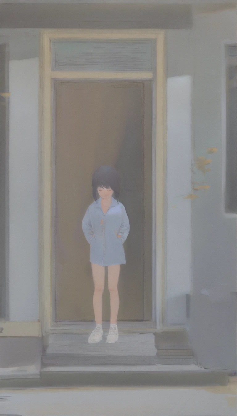 tender girl, student aesthetics, is standing in front of the door, It's yandere.