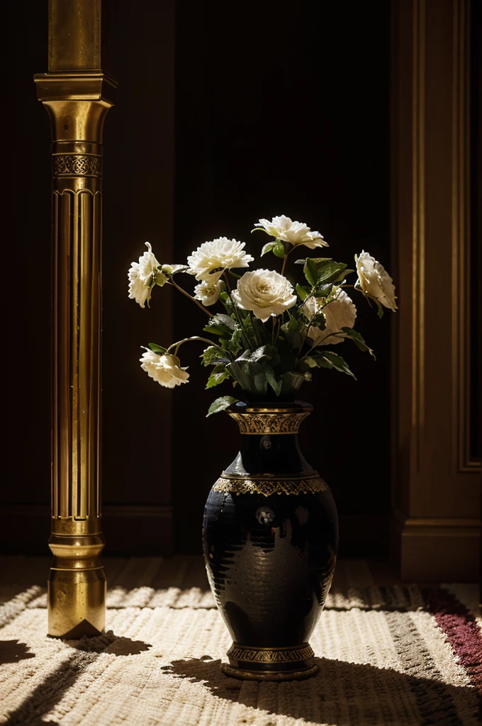 Oil painting depicting a vase of flowers, in an Islamic decor, high contrast, dramatic lighting, very textured brushstrokes