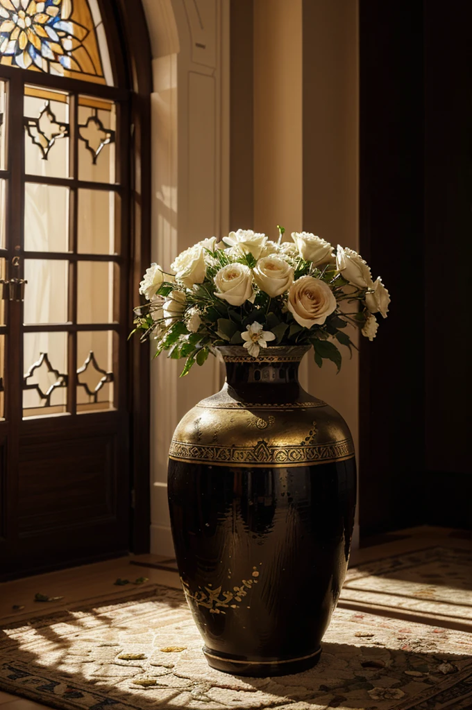 Oil painting depicting a vase of flowers, in an Islamic decor, high contrast, dramatic lighting, very textured brushstrokes