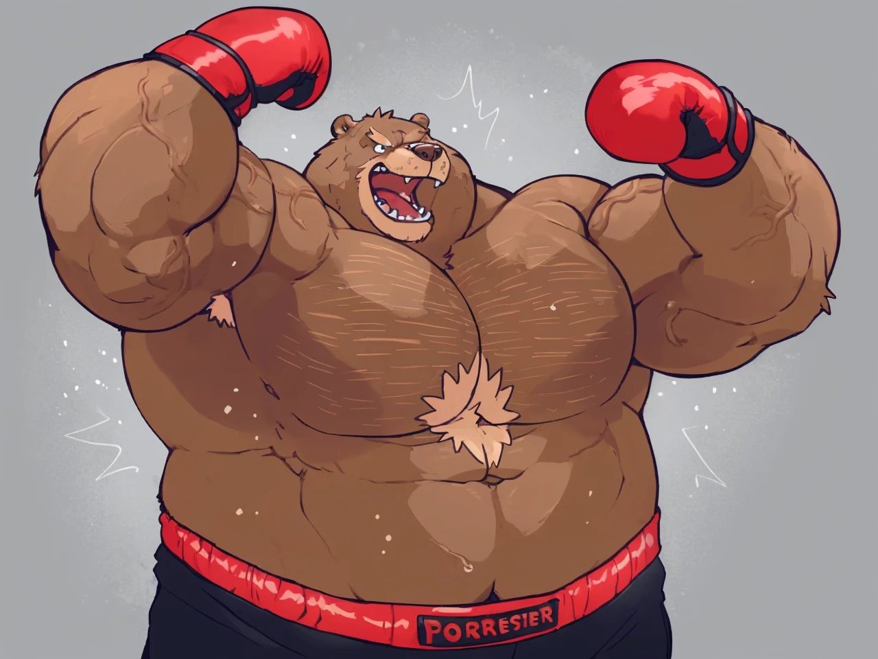 a huge muscular kodiak brown bear, extremely detailed brown fur, powerful pecs, beer belly, veins popping,red boxing gloves, black boxing pants with red line, flexing for boxing victory, masterpiece, 8k, ultra-detailed,realistic,photo-realistic,physically-based rendering,vivid colors