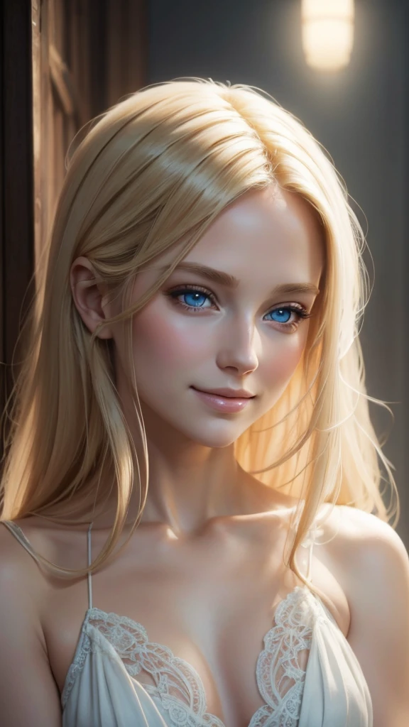beautiful blonde woman, flowing golden hair, captivating blue eyes, delicate features, radiant smile, natural makeup, elegant attire, gentle expression, subtle blush, warm skin tones, ethereal lighting, soft shadows, high-resolution digital painting, realistic style, artistic interpretation, by a skilled portrait artist, ArtStation showcase.