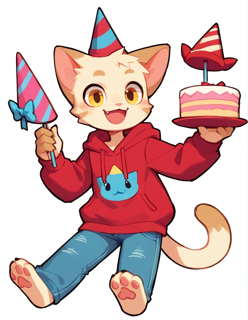 The Q version of the cute furry cat, holding a birthday cake, cute smile, happy, cute, male cat, party hat, hoodie, jeans, white background