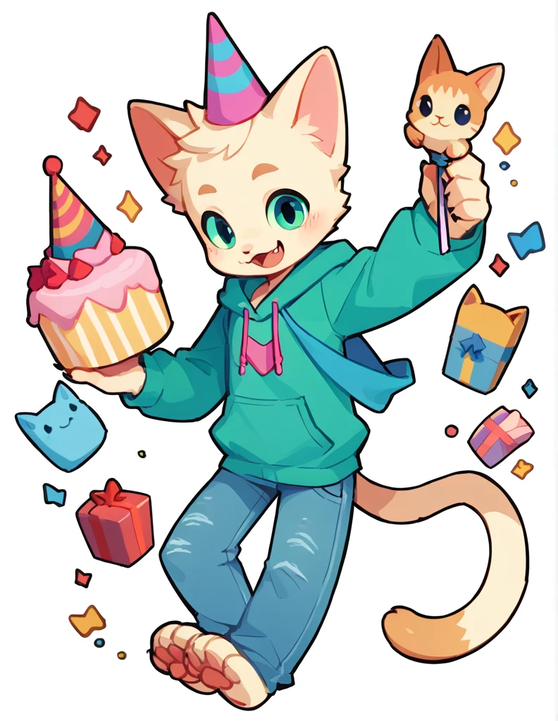 The Q version of the cute furry cat, holding a birthday cake, cute smile, happy, cute, male cat, party hat, hoodie, jeans, white background