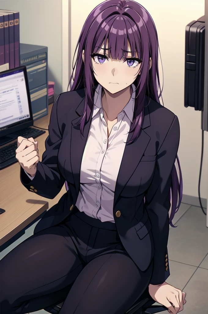 purple hair,,long hairpurple eyes,(((office suit,)))(disgust,looking disgusted, abhore),in the office,sitting on the office chair
