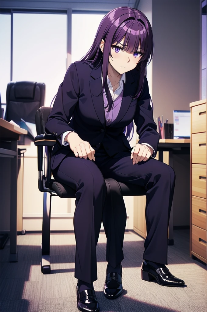 purple hair,,long hairpurple eyes,(((office suit,)))(disgust,looking disgusted, abhore),in the office,sitting on the office chair
