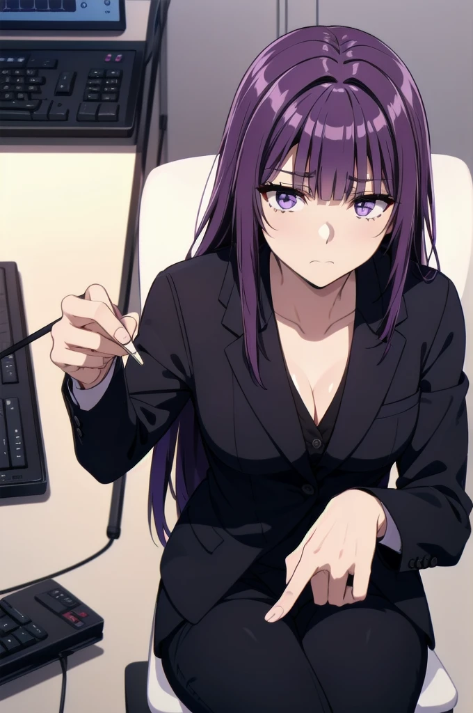 purple hair,,long hairpurple eyes,(((office suit,)))(disgust,looking disgusted, abhore),in the office,sitting on the office chair
