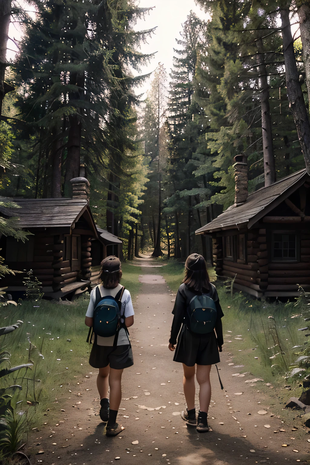 create two young adventurers, They walk along a little-traveled path. They are looking for a mysterious cabin that, according to rumors, appears and disappears in the forest.