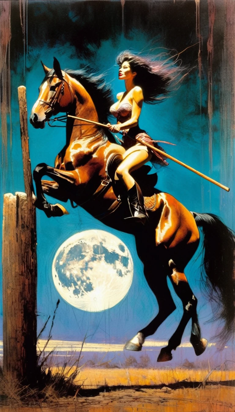 sexy woman riding a horse, holding a wooden stick, five wooden posts stuck in the ground, the moon (Bill Sienkiewicz inspired art, intricate details, oil painting)
