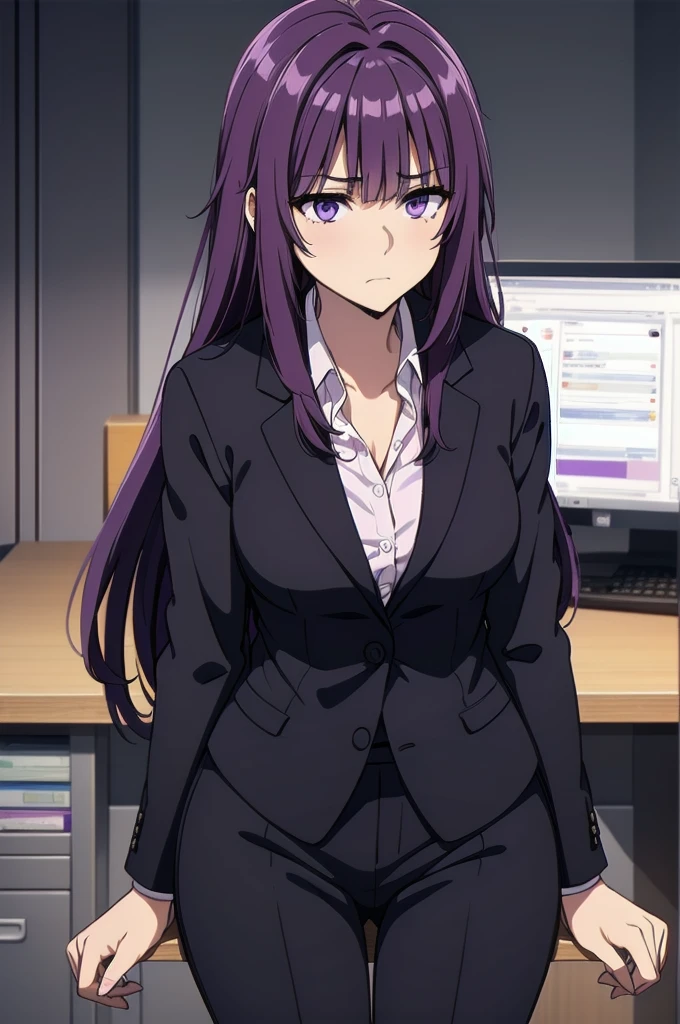 purple hair,,long hairpurple eyes,(((office suit,)))(disgust,looking disgusted, abhore),in the office,sitting on the office chair
