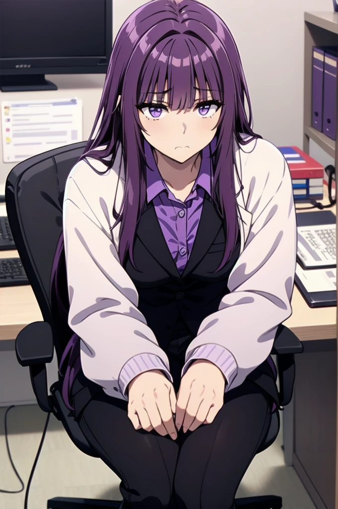 purple hair,,long hairpurple eyes,(((office suit,)))(disgust,looking disgusted, abhore),in the office,sitting on the office chair
