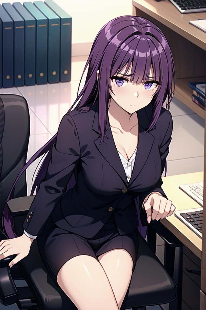 purple hair,,long hairpurple eyes,(((office suit,)))(disgust,looking disgusted, abhore),in the office,sitting on the office chair
