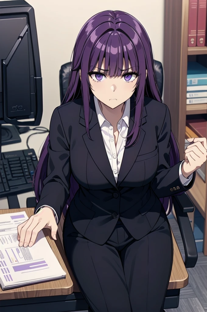 purple hair,,long hairpurple eyes,(((office suit,)))(disgust,looking disgusted, abhore),in the office,sitting on the office chair
