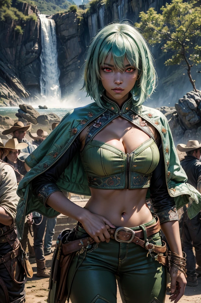 emeraldsustrai, emerald sustrai, short hair, (red eyes:1.5), (green hair), dark skin, dark-skinned female, navel, cleavage, midriff, belt, cleavage cutout, chaps, outdoors, wedding, lavish wedding reception, on hill, overlooking valley, mountains in background, waterfall, tables, crowd, (crowd in military dress), (volumetric lighting),  intricate details, tonemapping, sharp focus, hyper detailed, (cowboy shot:1.5), BREAK (masterpiece:1.2), best quality, high resolution, unity 8k wallpaper, (illustration:0.8), (beautiful detailed eyes:1.6), extremely detailed face, perfect lighting, extremely detailed CG, (perfect hands, perfect anatomy),