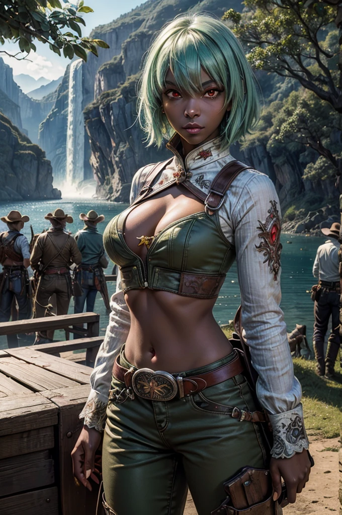 emeraldsustrai, emerald sustrai, short hair, (red eyes:1.5), (green hair), dark skin, dark-skinned female, navel, cleavage, midriff, belt, cleavage cutout, chaps, outdoors, wedding, lavish wedding reception, on hill, overlooking valley, mountains in background, waterfall, tables, crowd, (crowd in military dress), (volumetric lighting),  intricate details, tonemapping, sharp focus, hyper detailed, (cowboy shot:1.5), BREAK (masterpiece:1.2), best quality, high resolution, unity 8k wallpaper, (illustration:0.8), (beautiful detailed eyes:1.6), extremely detailed face, perfect lighting, extremely detailed CG, (perfect hands, perfect ),