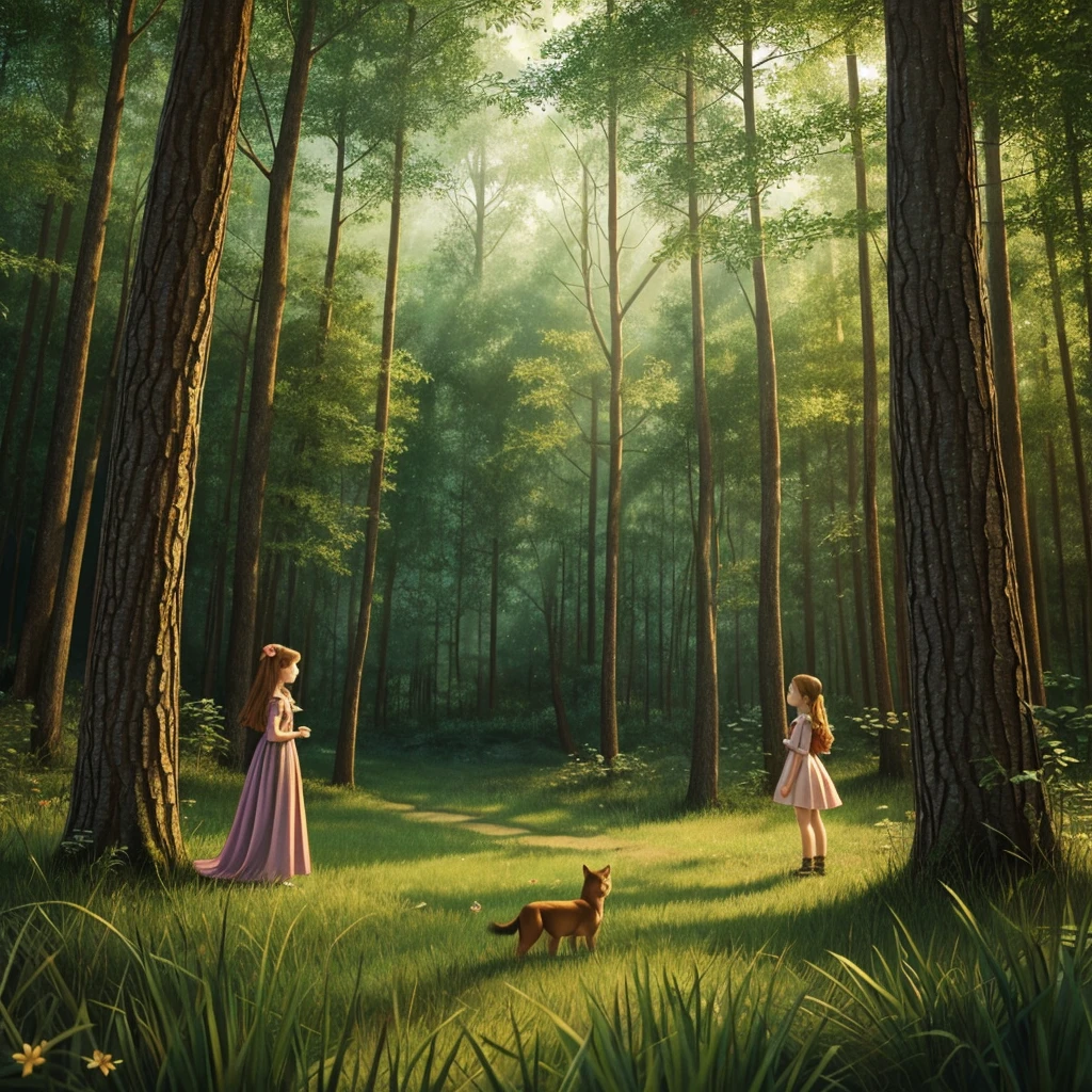 Illustration for a fairy tale about a girl, standing in the forest, who can talk to animals