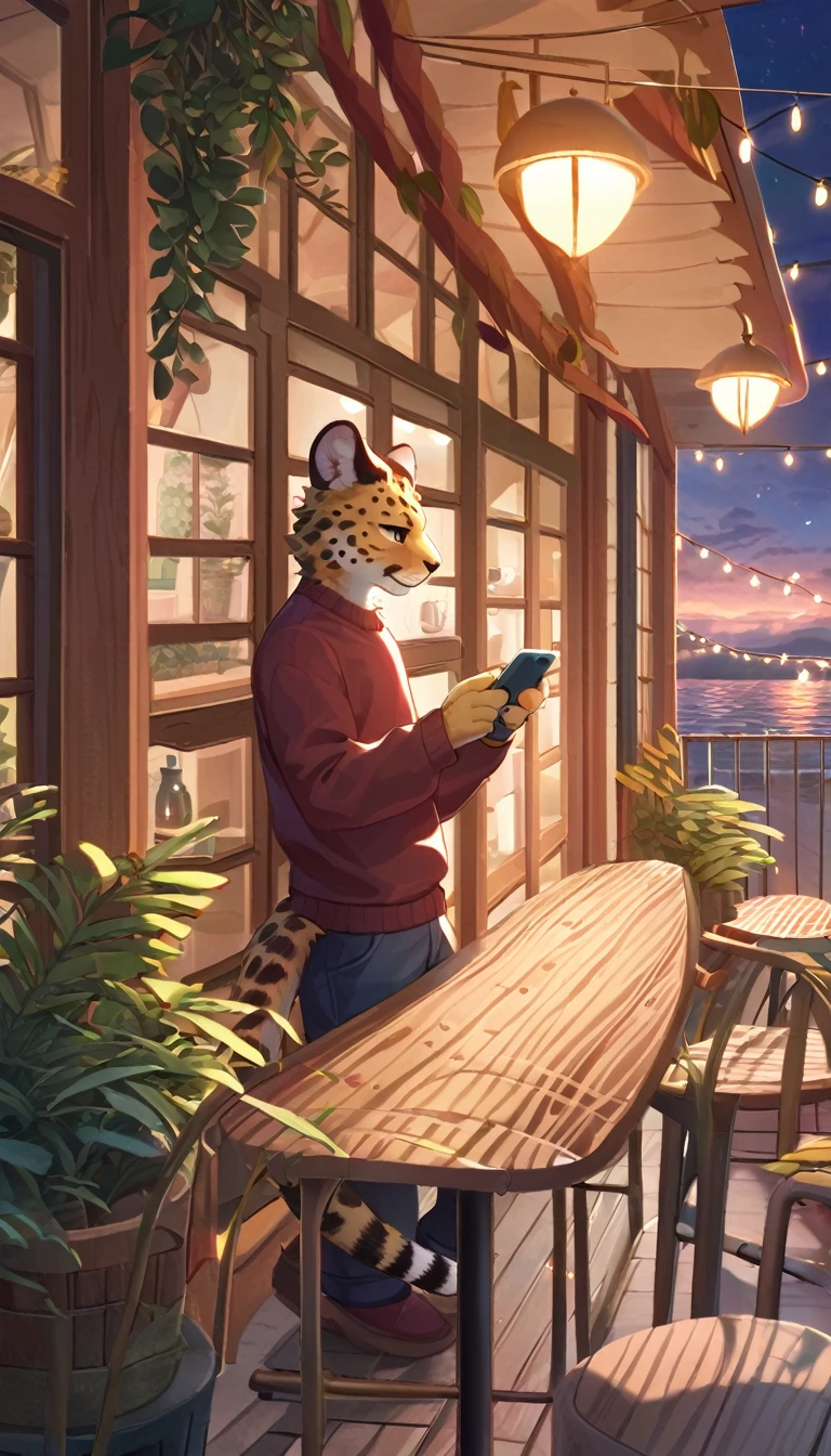 ((Masterpiece)), ((Best Quality)), (Very Detailed), ((Very Detailed)), 4K, (8K), very aesthetic, absurdres highres, 1man, anthropomorphic cheetah, furry, kemono, A man wearing a sweater is drinking tea while using his smartphone on the terrace of a seaside cafe. There is a teacup in his hand, a plant and a cafe sign can be seen in the background. The lights of the cafe at night shine and you can see the silhouettes of people walking on the street,