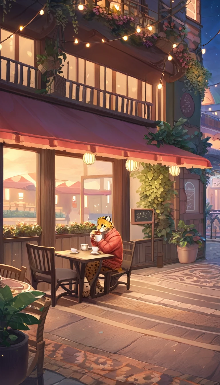 ((Masterpiece)), ((Best Quality)), (Very Detailed), ((Very Detailed)), 4K, (8K), very aesthetic, absurdres highres, 1man, anthropomorphic cheetah, furry, kemono, A man wearing a sweater is drinking tea while using his smartphone on the terrace of a seaside cafe. There is a teacup in his hand, a plant and a cafe sign can be seen in the background. The lights of the cafe at night shine and you can see the silhouettes of people walking on the street,