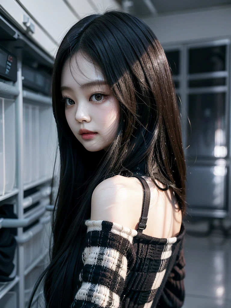 there is a woman that is standing in a checkered room, style of junji ito, sui ishida with black hair, junji ito undertones, junji ito style, portrait of jossi of blackpink, kotegawa yui, she has black hair with bangs, ulzzang, e-girl, e - girl, jinyoung shin korean girl ulzzang blackpink jennie kpop korean asian