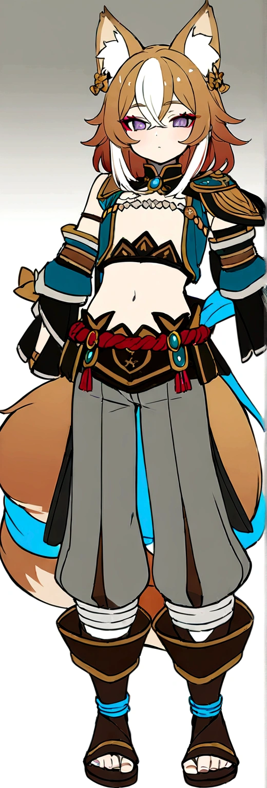 Masterpiece, High quality, High quality of art, best quality, anime lineart, Femboy, light carrot hair, fox ears, fox tail, Red eyeshadow, purple eye color, Bare belly, Femboy, military armlets, general's pants, A heavy golden bow with rubies, black-green blue clothes, hair with a small count of dark carrot hair, A longbow behind his back, half sleep eyes, Platinum bell and bow near the ear, a small shorts, Red and white rope belt