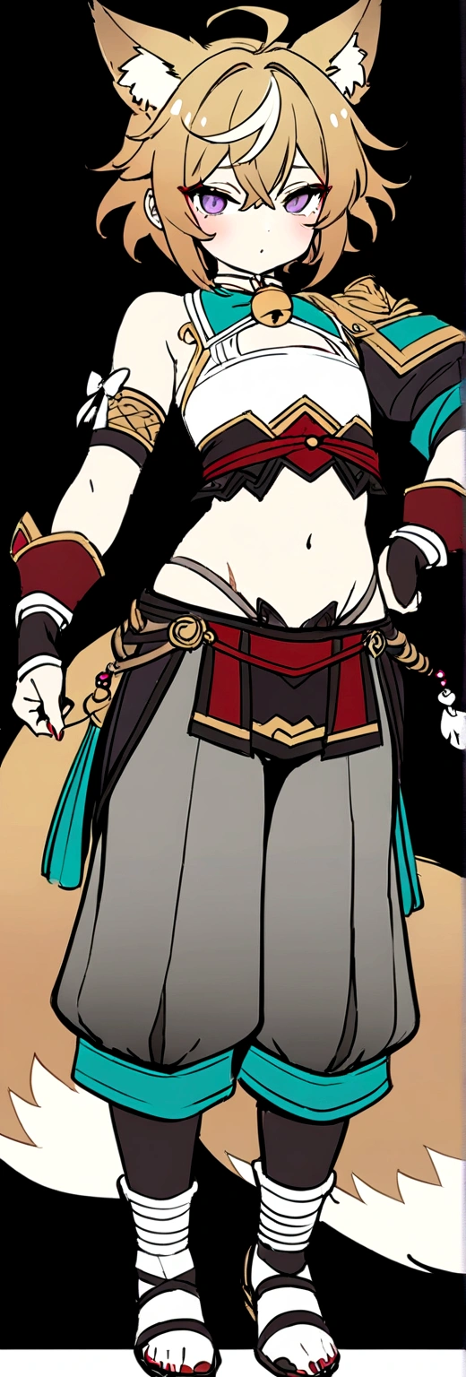 Masterpiece, High quality, High quality of art, best quality, anime lineart, Femboy, light carrot hair, fox ears, fox tail, Red eyeshadow, purple eye color, Bare belly, Femboy, military armlets, general's pants, A heavy golden bow with rubies, black-green blue clothes, hair with a small count of dark carrot hair, A longbow behind his back, half sleep eyes, Platinum bell and bow near the ear, a small shorts, Red and white rope belt