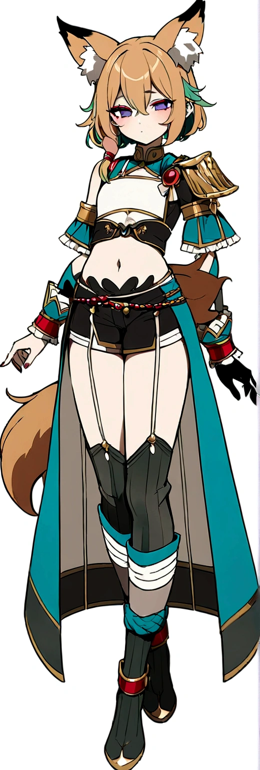 Masterpiece, High quality, High quality of art, best quality, anime lineart, Femboy, light carrot hair, fox ears, fox tail, Red eyeshadow, purple eye color, Bare belly, Femboy, military armlets, general's pants, A heavy golden bow with rubies, black-green blue clothes, hair with a small count of dark carrot hair, A longbow behind his back, half sleep eyes, Platinum bell and bow near the ear, a small shorts, Red and white rope belt