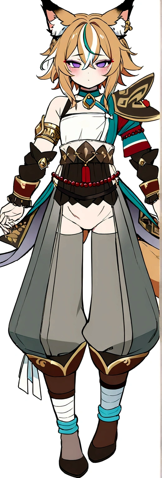 Masterpiece, High quality, High quality of art, best quality, anime lineart, Femboy, light carrot hair, fox ears, fox tail, Red eyeshadow, purple eye color, Bare belly, Femboy, military armlets, general's pants, A heavy golden bow with rubies, black-green blue clothes, hair with a small count of dark carrot hair, A longbow behind his back, half sleep eyes, Platinum bell and bow near the ear, a small shorts, Red and white rope belt