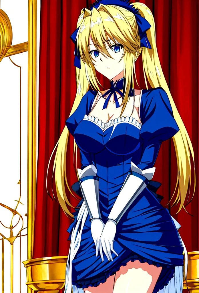 Know Artoria from Fate Stay Night, outfit Kurumi Tokisaki de Date a Live, two pigtails in the hair, blond hair