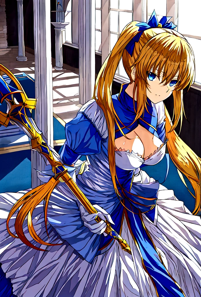 Know Artoria from Fate Stay Night, outfit Kurumi Tokisaki de Date a Live, two pigtails in the hair, blond hair