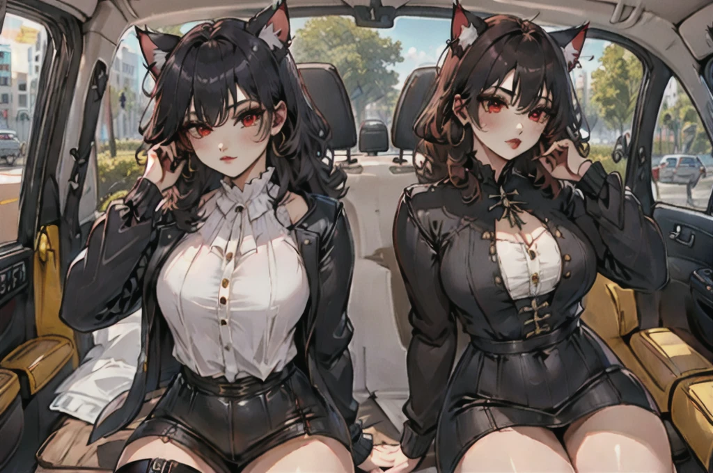 (neocruz and junkotvv)(hands on thighs, backwards, Heavyweight, girl with cat ears and red eyes, leather jacket:1.2), picture of a couple inside a Taxi at evening, 1 guy with a beard, male focus, Tall Man, soon one, male with leather jacket,  evening:1.4) (Taxi, evening, auto, Backseat, looking at another:1.3) BREAK