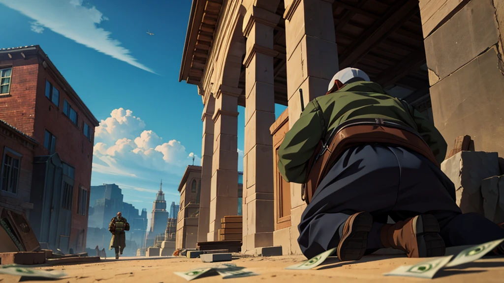 bags of money faliing from the sky, cinematic action, masterpiece, super detail, textured skin, atmospheric perspective, 
