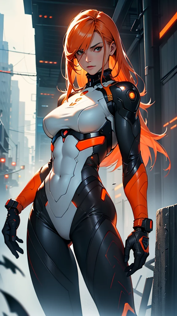 Beautiful cybernetic girl detailed muscles realistic masterpieces full figure pose (best quality,ultra-detailed), dfferent hairs styles, pale orange hair, fair skin, fit body, slim figure, narrow waist, large buttocks, (cocky expression), wearing a full carbon fiber cybernetic mobile battle suit